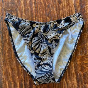 Ultimate Swimwear* HI-CUT full cover BIKINI BOTTOM* BLACK w GOLD WHITE SHELLS *S